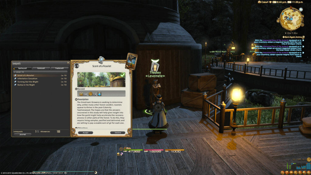 A player is looking at a list of Levequests, which are currently available to them. Currently highlighted is a Levequest called Scent of the Roselet.