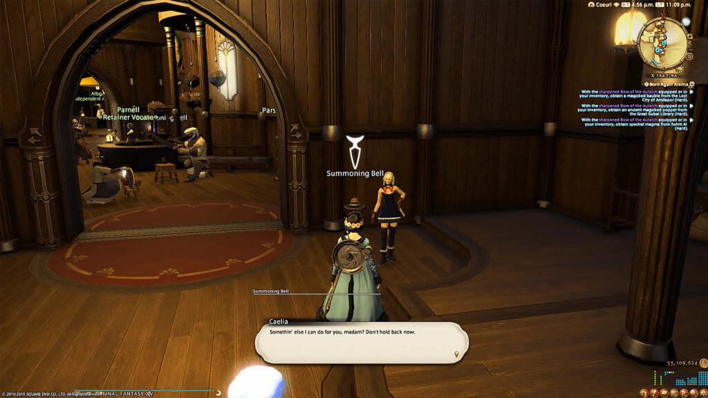 Player is standing in front of their retainer, Caelia, with a chat prompt from Caelia saying, "Somethin' else I can do for you, mada? Don't hold back now."