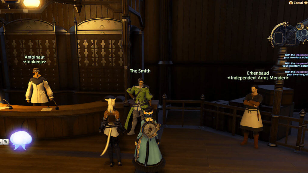 Two players are standing in front of the NPC, known as the Smith, in Gridania.