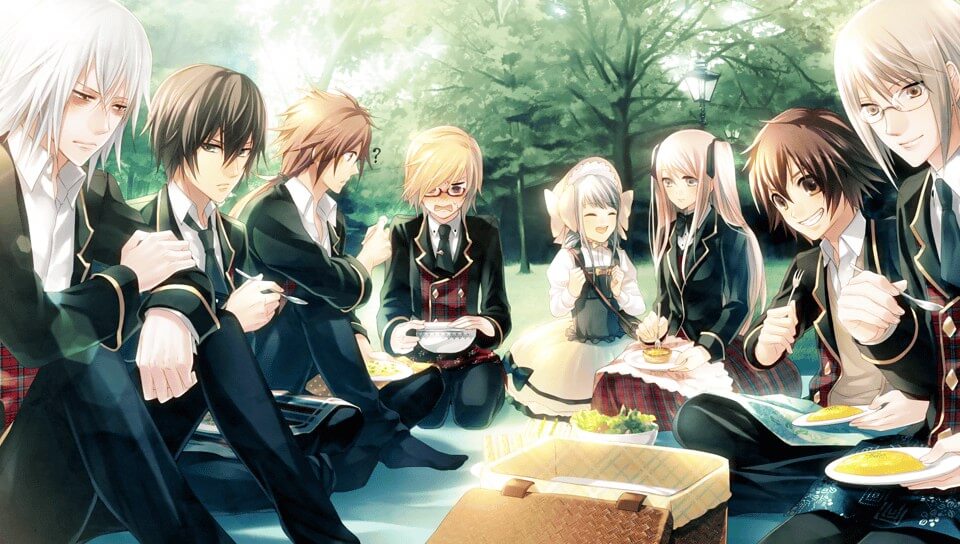 Jack, Herlock, Watson Jr, Lupine, Hudson, Sara, Kobayashi, and Akechi eating at a picnic