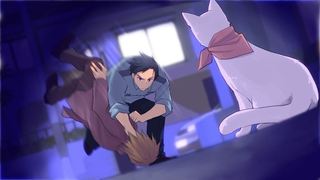 Shogo subdues a criminal as Honoka in cat form watches