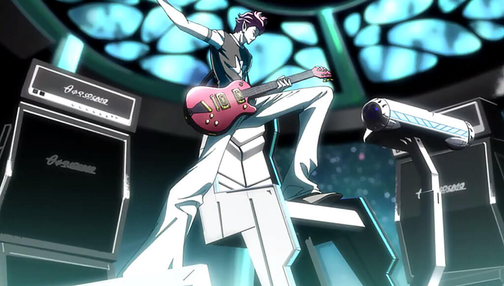Character playing an electric guitar in Space Dandy