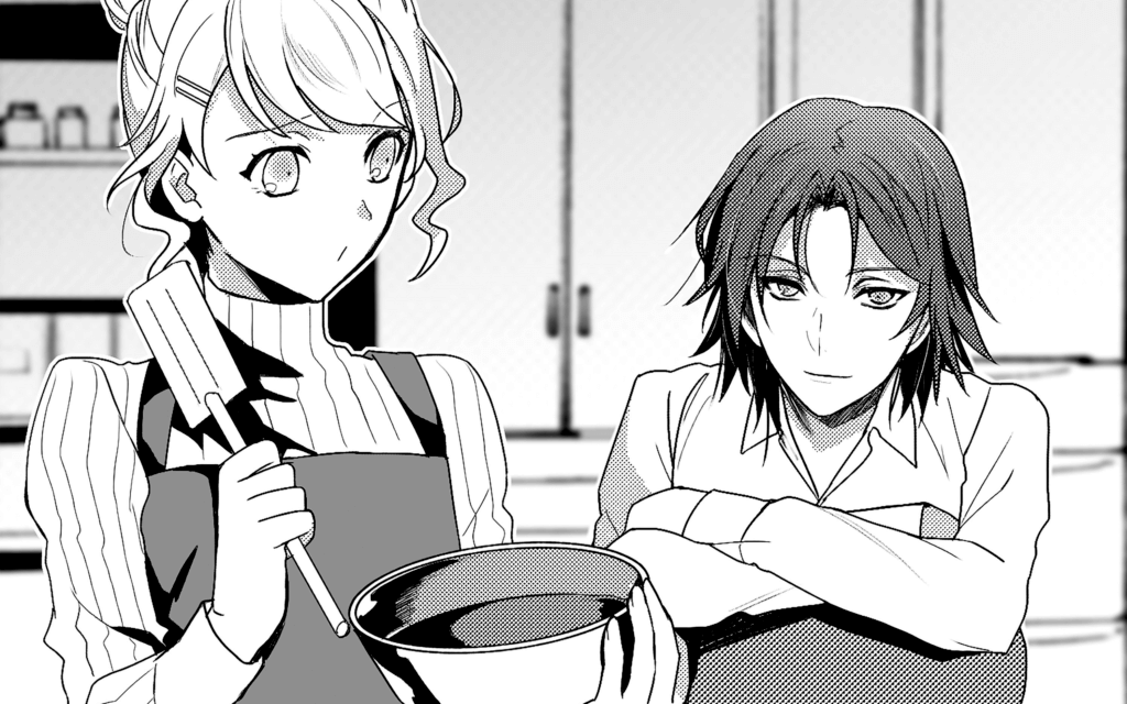 Kou sits backwards in a chair while he watches Mashiro bake a cake