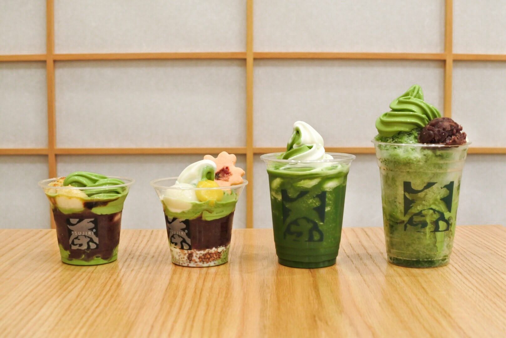 Display of Tsujiri dessert ice cream in various cup sizes