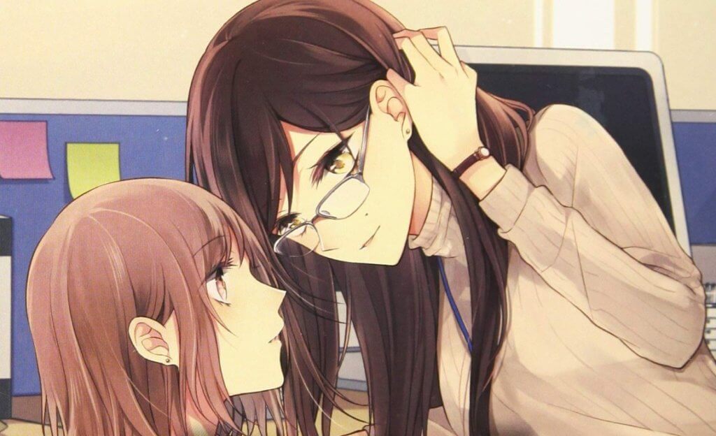 A woman in glasses pushing her hair back over her ear while gazing down at another woman.