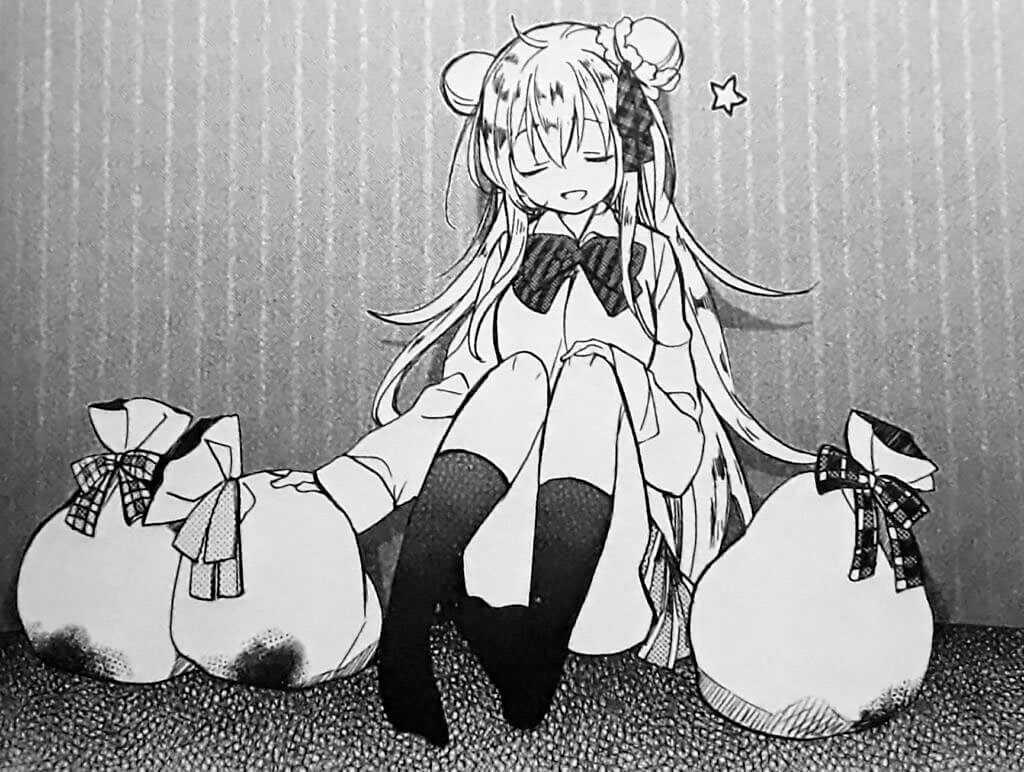 Main character Satou sitting next to trash bags with blood seeping through them.