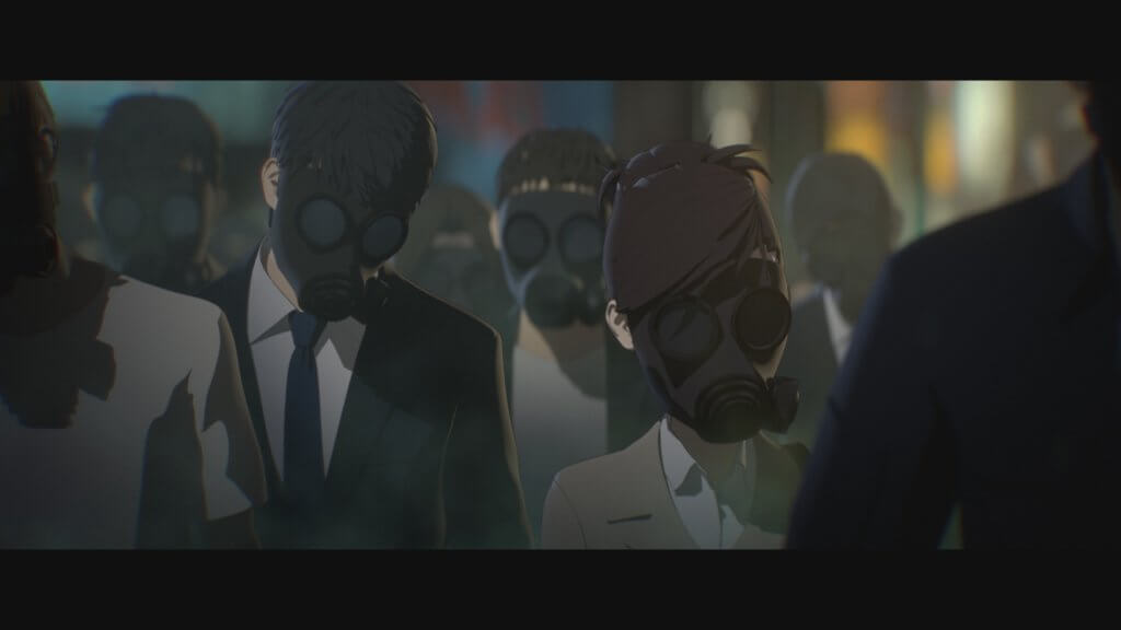 People wearing gas masks in Human Lost
