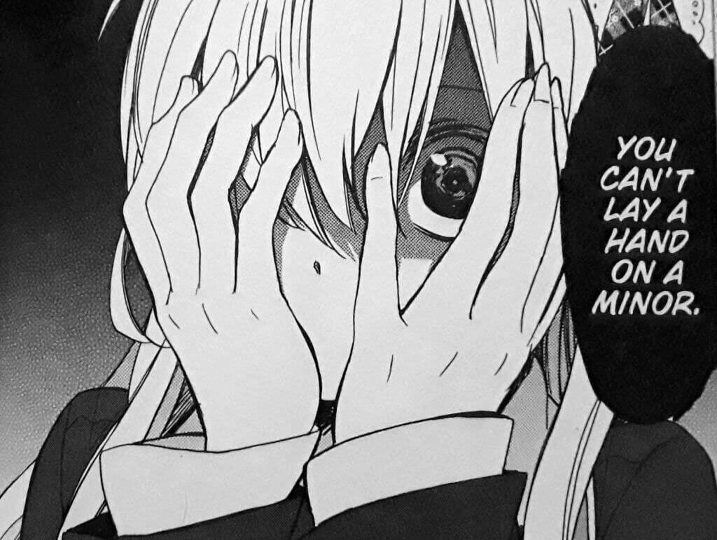 Satou covering her face with her hands and saying "You can't lay a hand on a minor".