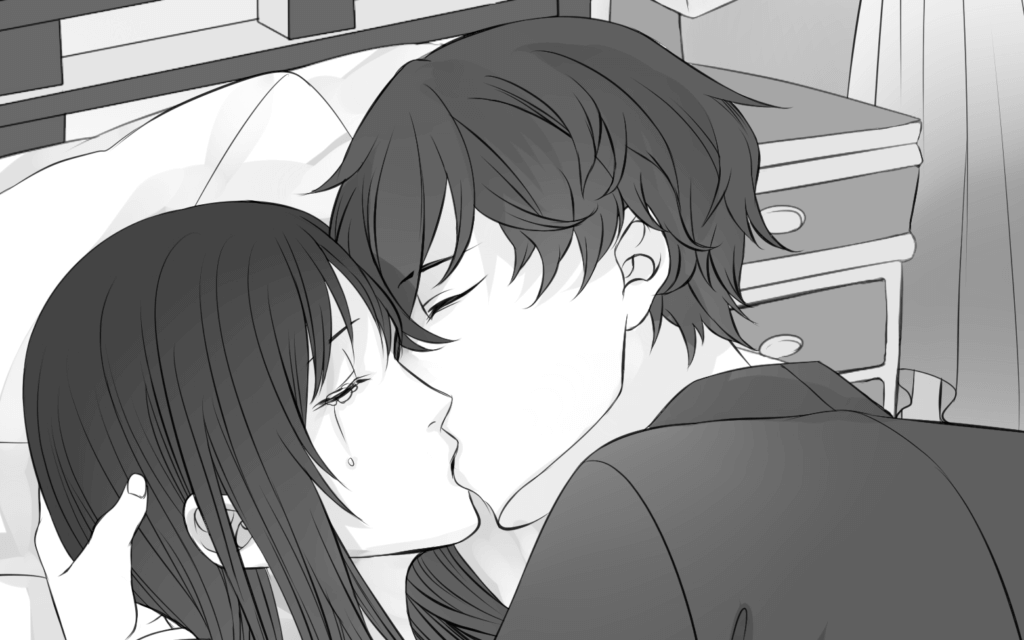 Satsuki cries and lays on a bed while Shindo kisses her