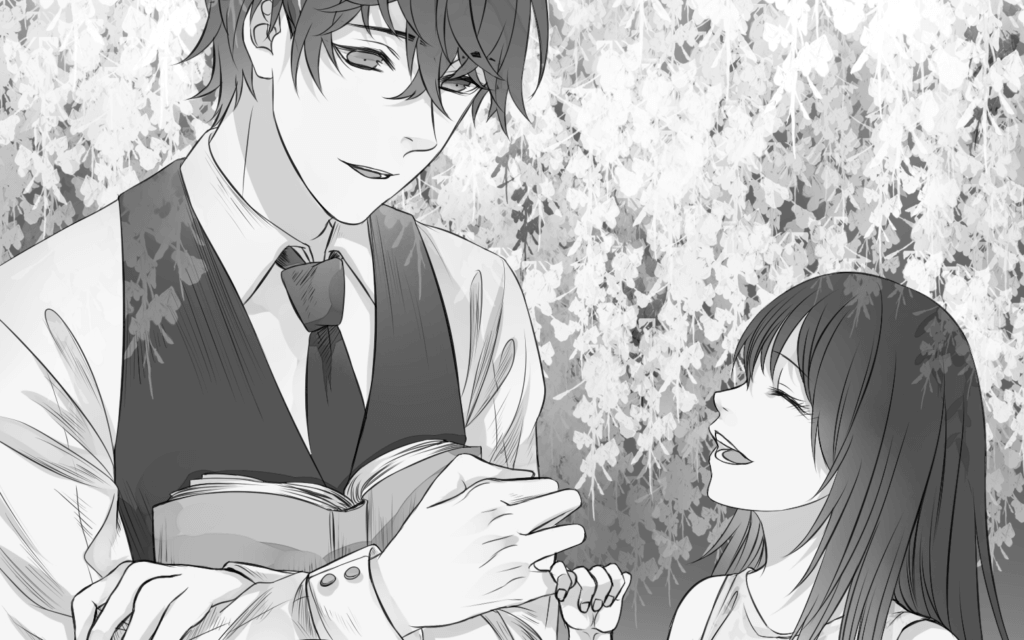 Shindo makes a pinky promise with Satsuki under the Wisteria trees