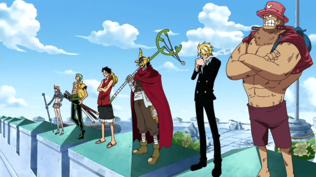 Luffy, Zoro, Sanji, Nami, Chopper, and Soge-King on the battlements at Enies Lobby.