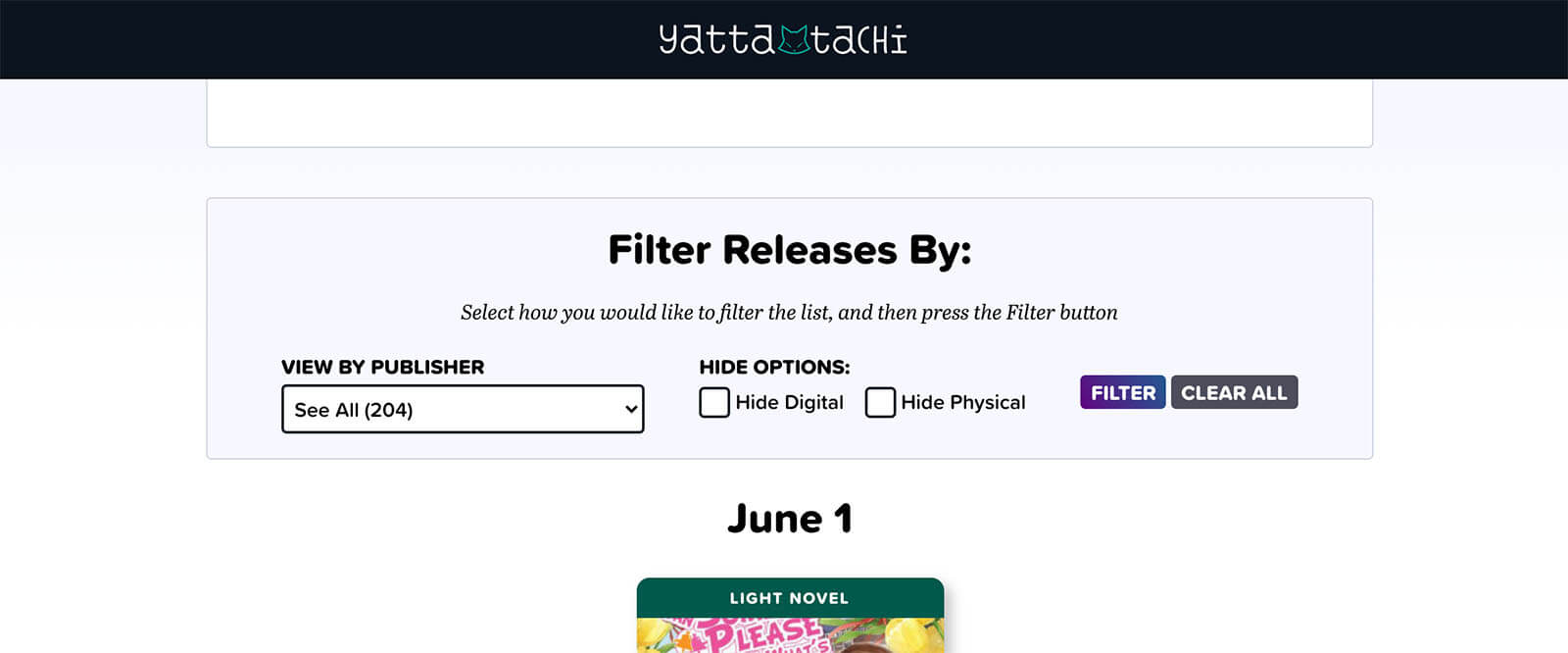 Box on the release article with the title, "Filter Releases By:" and the option to filter by Publisher, and hide options for digital and physical releases.