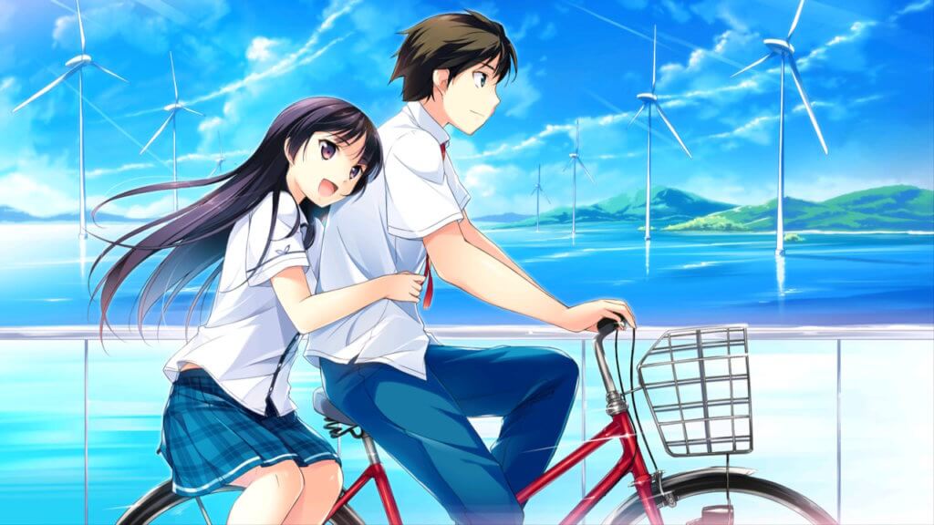 Aoi peddling a bike while Kotori smiles and sits side-saddle behind him, her arms around his waist.