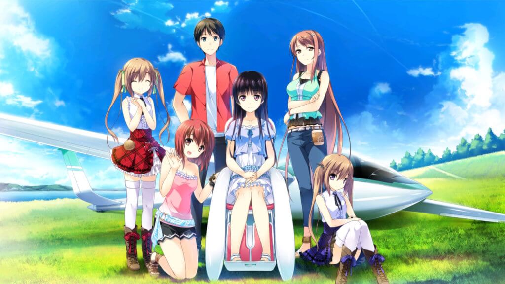 Aoi, Ageha, Kotori, Amane, Asa, and Yoru take a picture together in front of their glider.