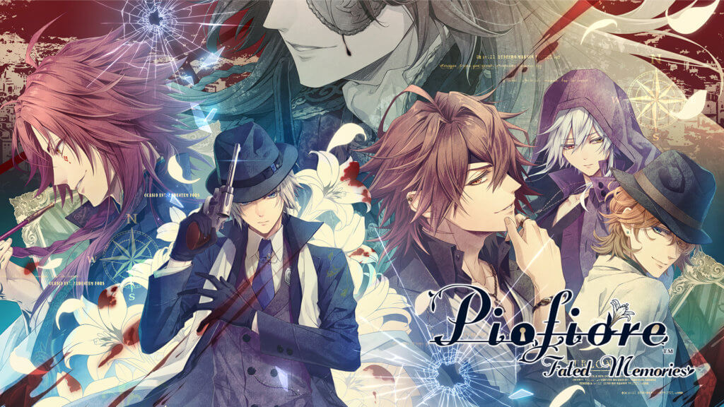 This is the cover of Piofiore: Fated Memories depicting Dante, Gil, Yang, Orlok, Nicola, and a masked person.