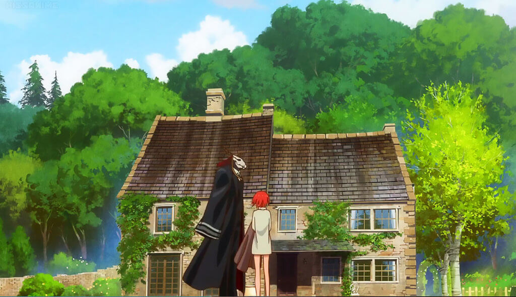 Elias and Chise standing outside of Elias' cottage.