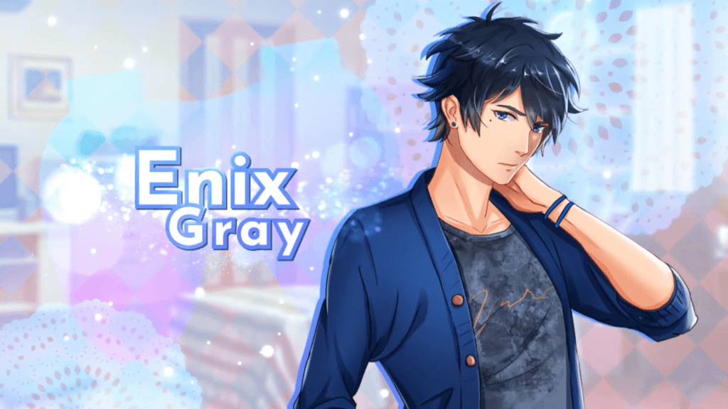 Enix Gray looking broody wearing a blue shirt, earring, and a beauty mark under their right eye.