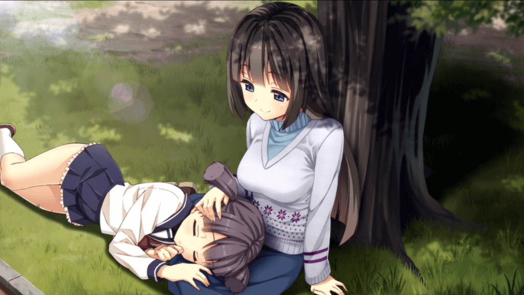Yuri sits against a tree while her little sister, Momo, lays in her lap.