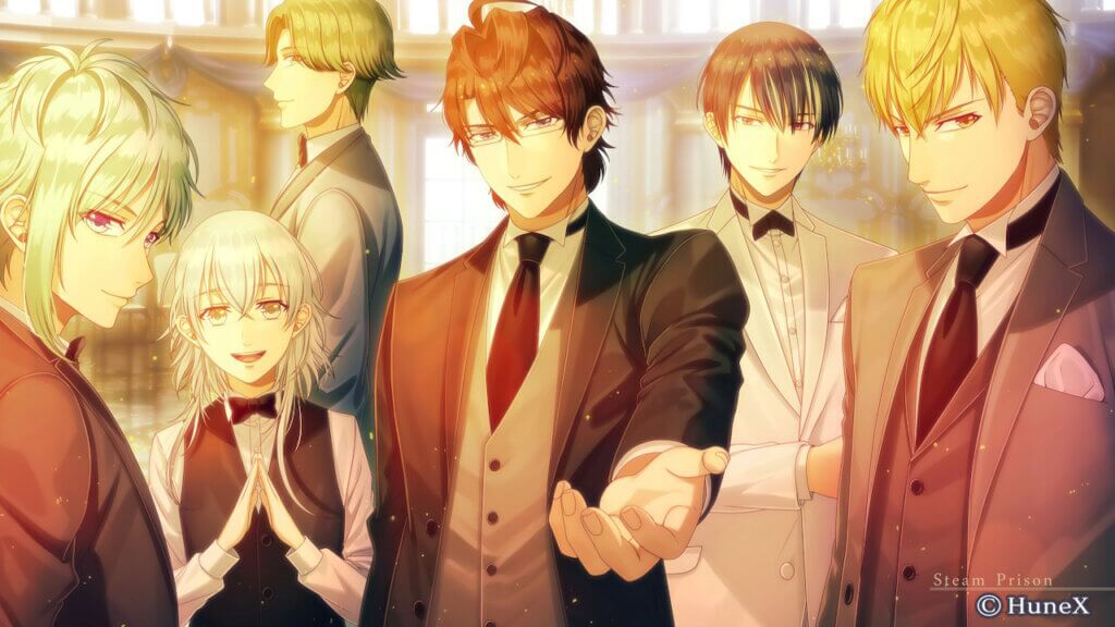 All Love Interests in suits looking at player. From left to right: Ulrik, Yune, Fin, Eltcreed, Adage, Ines.