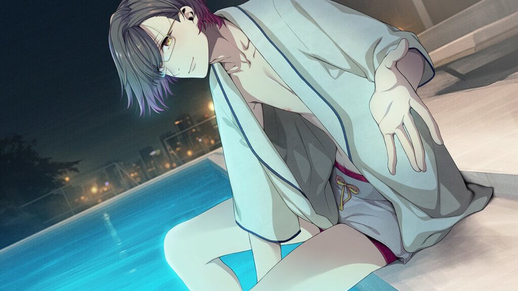 Helvetica sitting with his legs in the pool, holding out his hand the the MC.