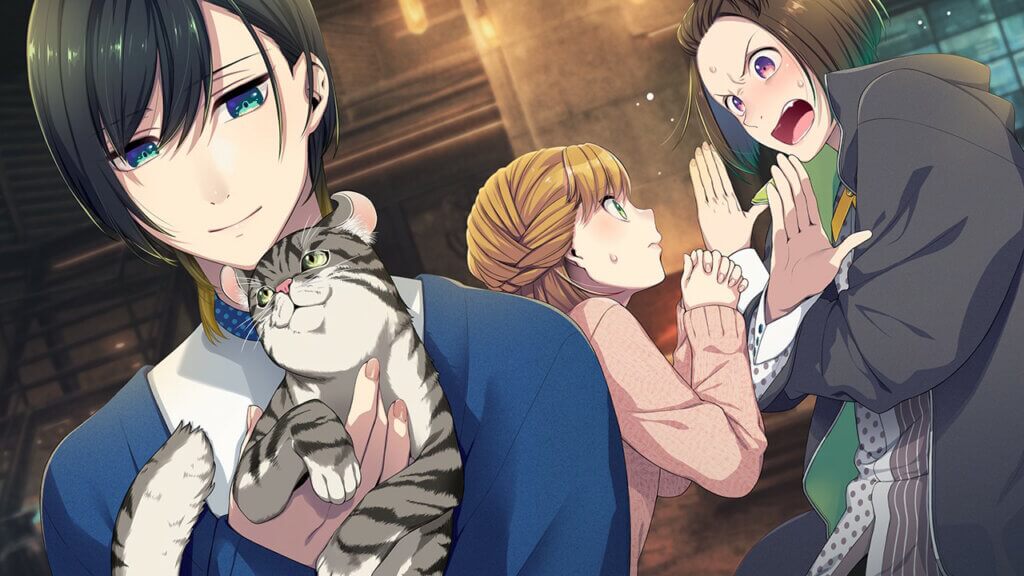 Mozu holding a cat while Teuta and Crow argue in the background.