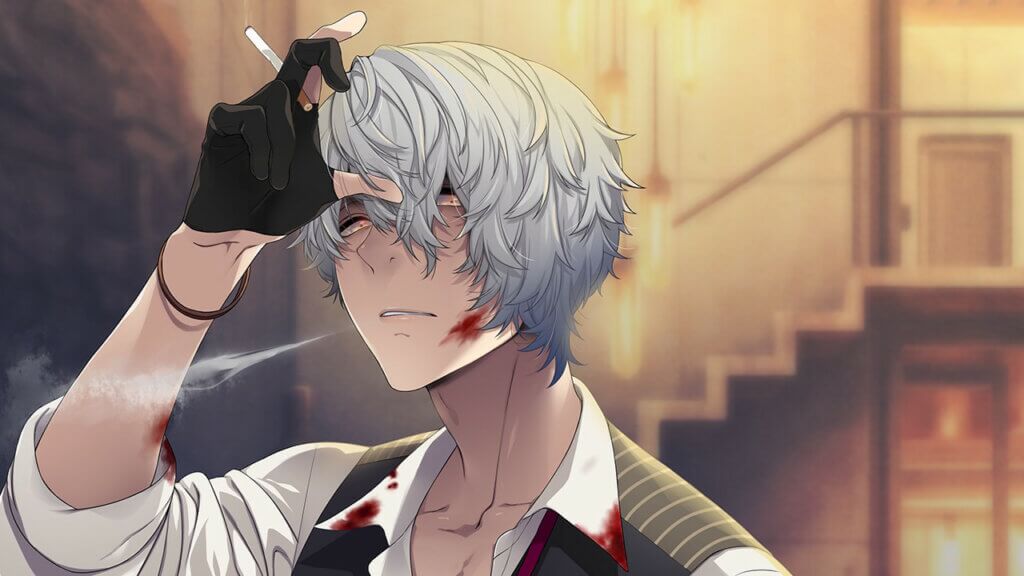 Shu exhaling smoke from a cigarette. There's blood on his face and clothing.