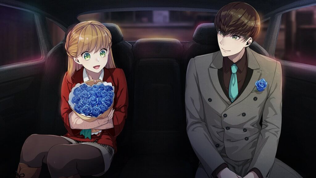 Teuta sitting in the back of a car next to Adam. A bouquet of blue roses is in her hands.