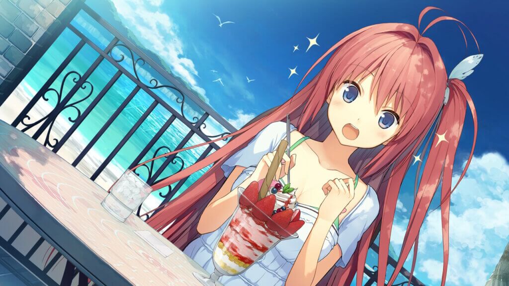 Aokana Asuka sitting at a table eating a large strawberry parfait. The ocean is behind her.