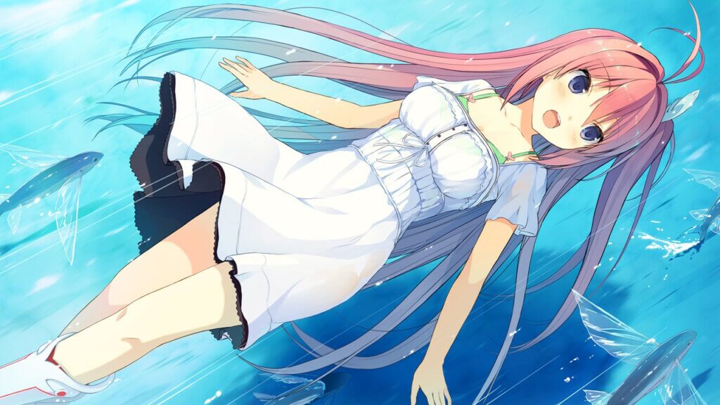 Aokana Asuka in a white dress flying just above the ocean, backwards. Flying fish surround her.