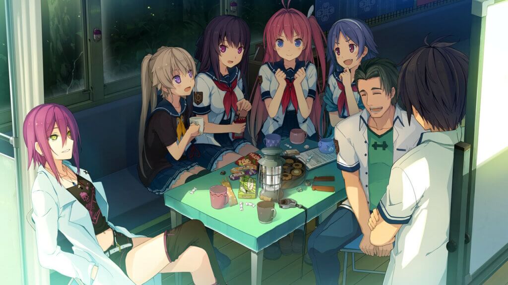 Aokana Flying Circus club meeting. From left to right: Aoi Kagami, Mashiro, Misaki, Asuka, Madoka, Shion, and Masaya, who's back is facing the player.