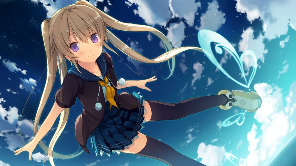 Aokana Mashiro is flying in her school uniform. The view is from below her, and the sky is behind her.