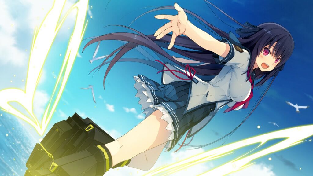 Aokana Misaki flying in her school uniform. She's reaching her right hand behind her towards the player.