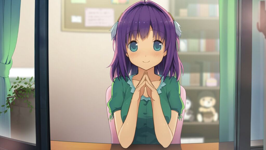 Aokana Rika sitting at her desk in front of her window. She's resting her elbows on the desk, and her hands are steepled together.