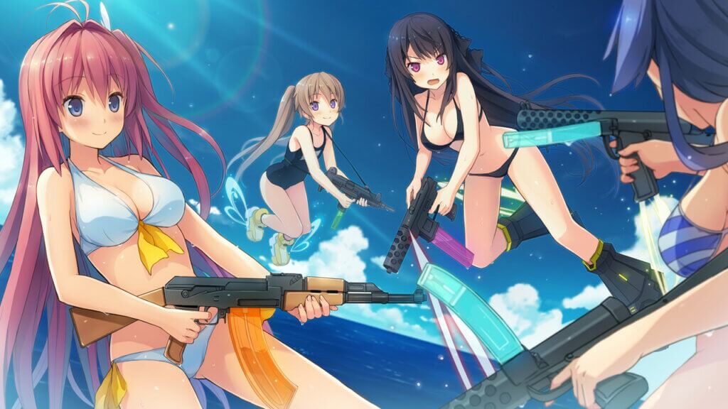 Aokana the Flying Circus club is having a water gun fight while flying, but the guns look real. From left to right: Asuka, Mashiro, Misaki, and Madoka, who's back is to the player.