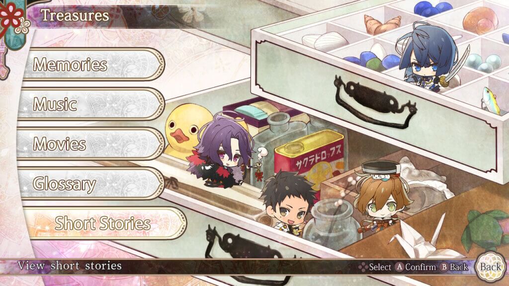 The Treasures screen with options for: Memories, Music, Movies, Glossary, and Short Stories. The image shows Olympia's treasures from the beech and random chibi versions of the love interests. This one has, from top to bottom and left to right: Riku, Yosuga, Kuroba, and Tokisada.