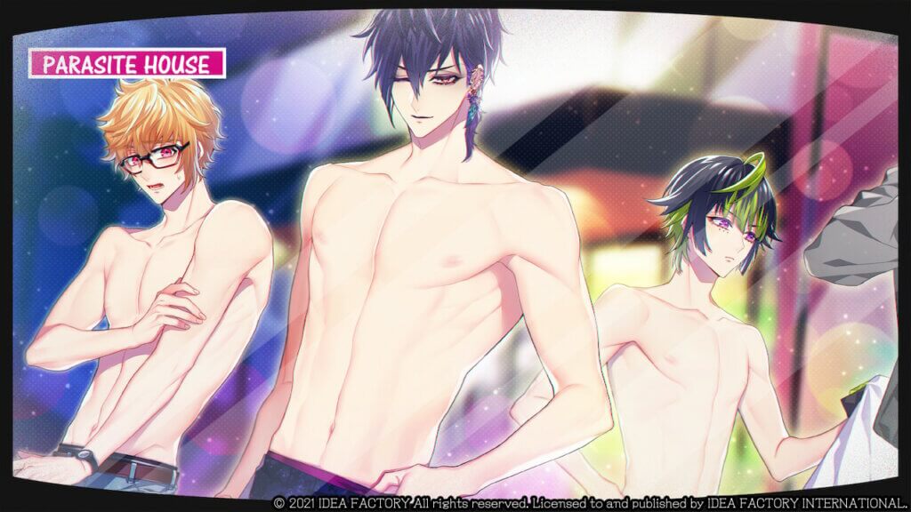 Three of the Parasite 5 stand shirtless in front of a TV camera. From left to right: Gill, Allan, Ryuki.