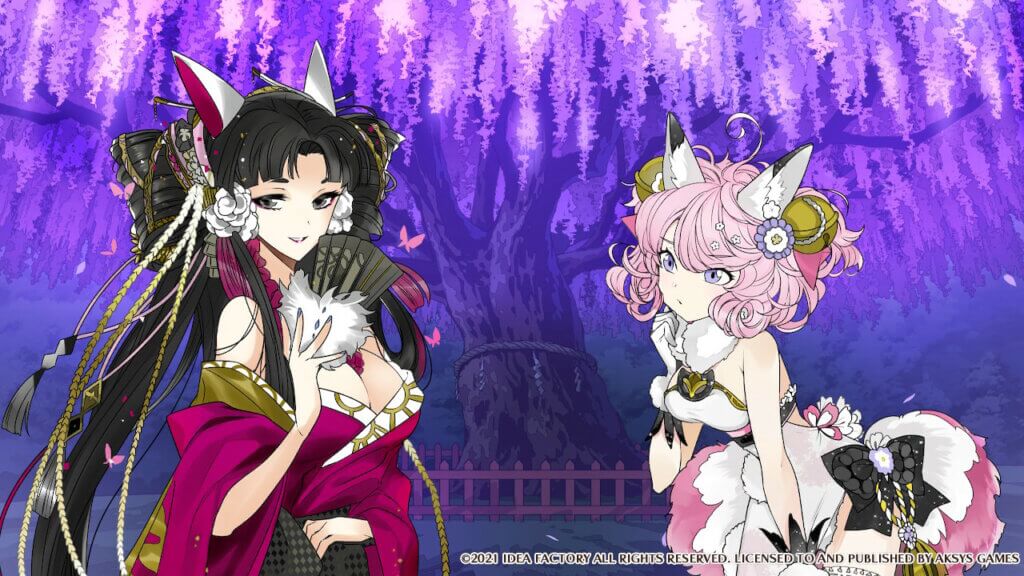 Tamamo (left) and Kinka (right) are in front of the Fujizakura tree in Sakuratani talking to Shino (off screen).