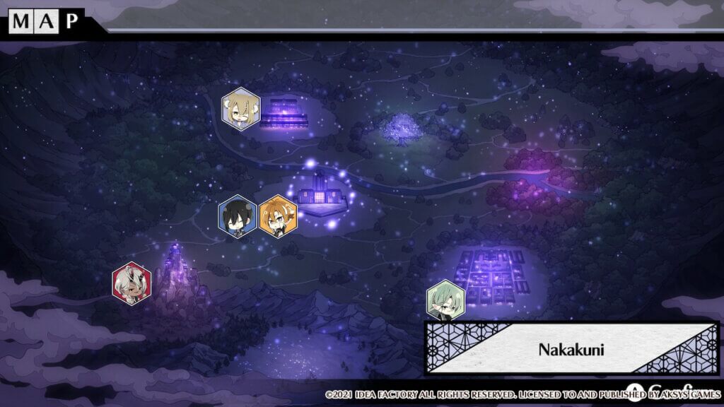 Image of the map selection screen. All five love interests are symbolized using icons to show where they are.
