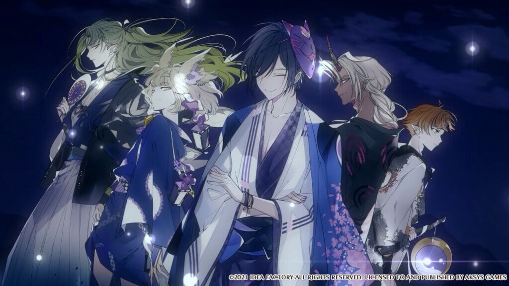 A screenshot from the opening movie for Dairoku showcasing the love interests in festival attire.. From left to right: Hira, Shiratsuki, Tokitsugu, Akuro, Shu.