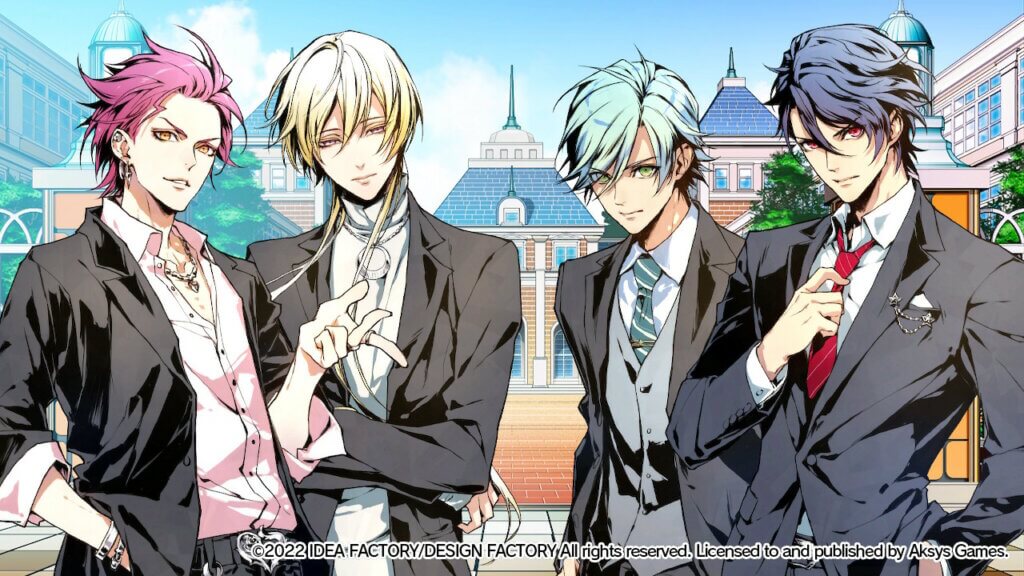 The four love interests are standing outside the main character's school in formal attire. From left to right is: Taiga Isurugi, Shion Mayuzumi, Nayuta Yagami, and Ichiya Mitsumori.