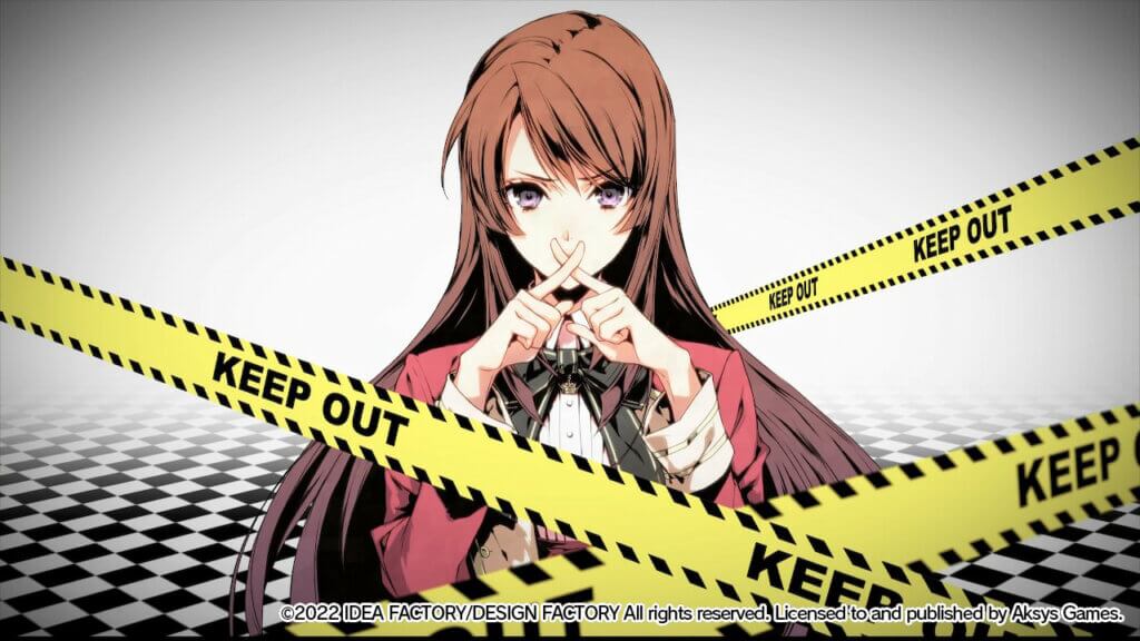 Hibari is holding her two pointer fingers over her mouth in the shape of an X. She's surrounded by caution tape that says, "KEEP OUT."