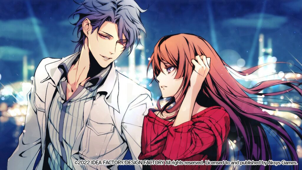 Ichiya (left) is lookin down at Hibari next to him (right). Hibari has her left hand in her hair to hold it down while a breeze passes through. Behind them is a nighttime cityscape.