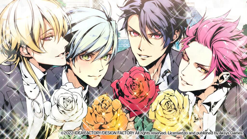 All four love interests are grouped together to propose to Hibari. From left to right: Shion, holding a white rose; Nayuta, holding an orange rose; Ichiya, holding a red rose; Taiga, holding a yellow rose.