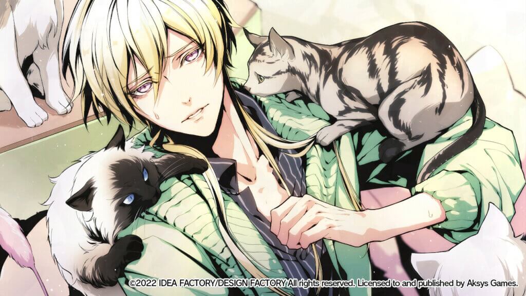 Shion is sitting with a worried look on his face. A cat is perched on each of his shoulders with others surrounding him.
