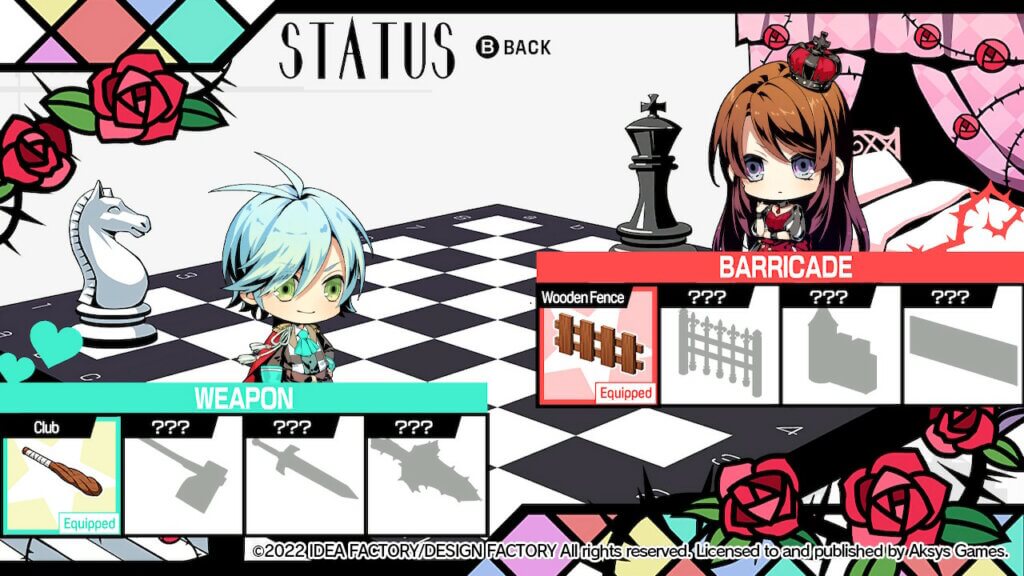 Chibi sprites of Nayuta (left) and Hibari (right) sit on a chess board. Nayuta has a club equiped while Hibari has a wooden fence. These indicate how choices have affected what ending the player will get.