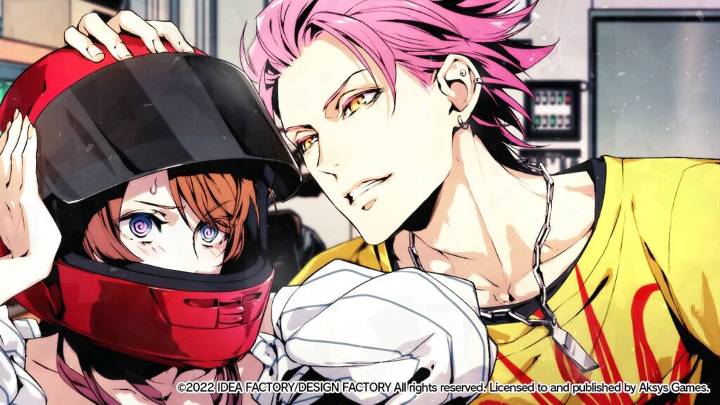 Taiga (right) is holding down a visor styled motorcycle helmet on Hibari (left) who is trying to take it off.