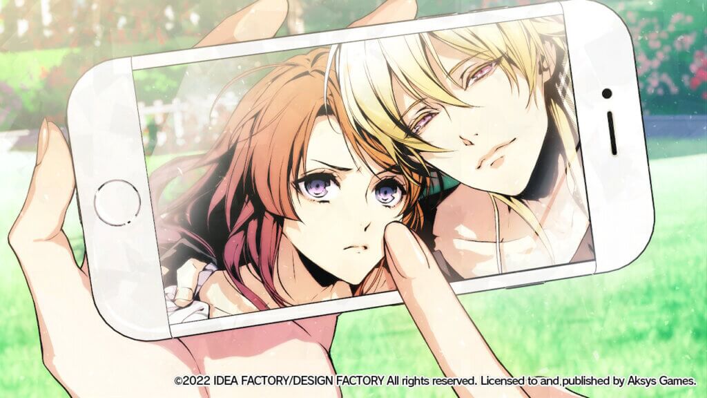 A hand holds a smartphone in their left hand and uses their right index finger to swipe. On the screen is a selfie Shion took of himself and Hibari.