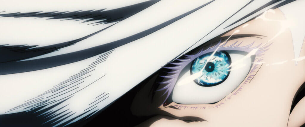 A close up of Gojo's eye in JUJUTSU KAISEN 0