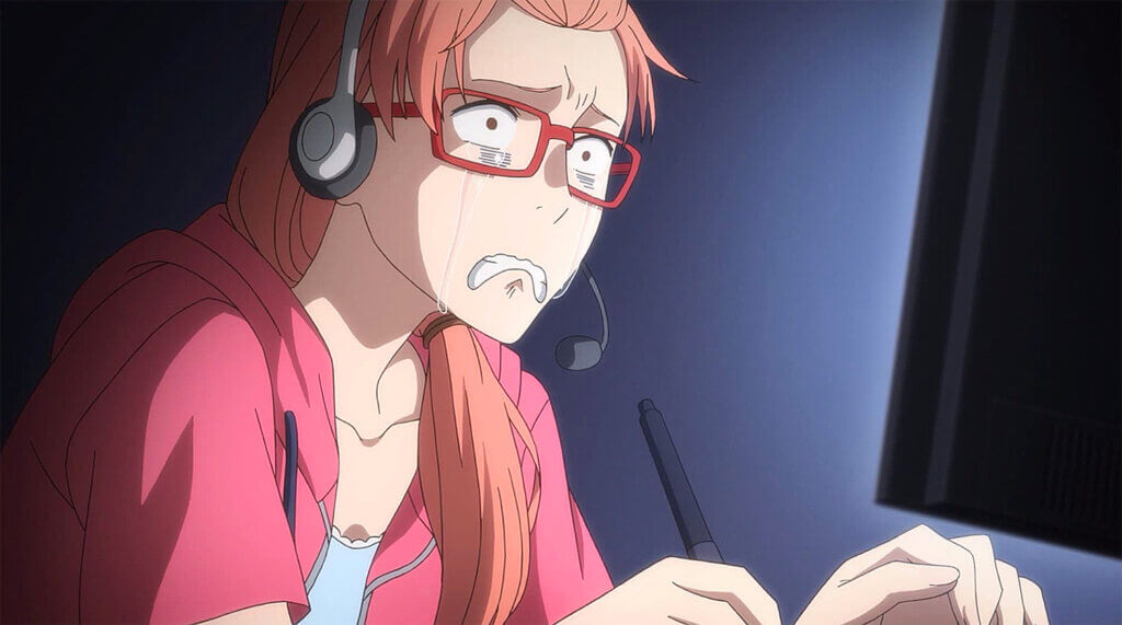 Narumi from Wotakoi frantically drawing late at night and crying.