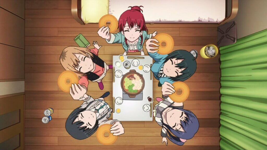 All the main characters from Shirobako sharing a box of donuts to help cheer each other up!